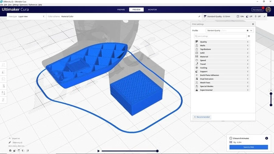 Simulación de una pieza en Cura para una impresión 3D.